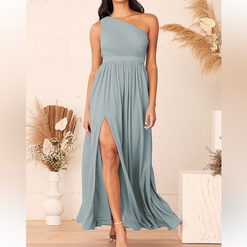 Lovely Endings Dusty Blue One Shoulder Pleated Maxi Dress